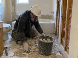 Worker removing bathroom tile with protective equipment