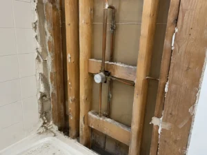 Exposed bathroom framing and plumbing
