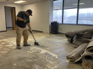 Worker sweeping a cleared commercial interior