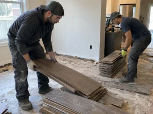 Workers handling removed hardwood boards
