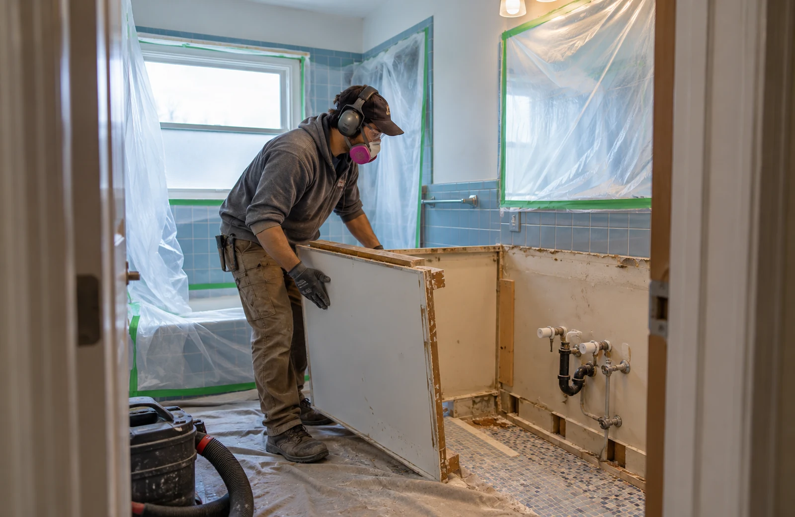 Vanity removal with nearby bathroom finishes protected
