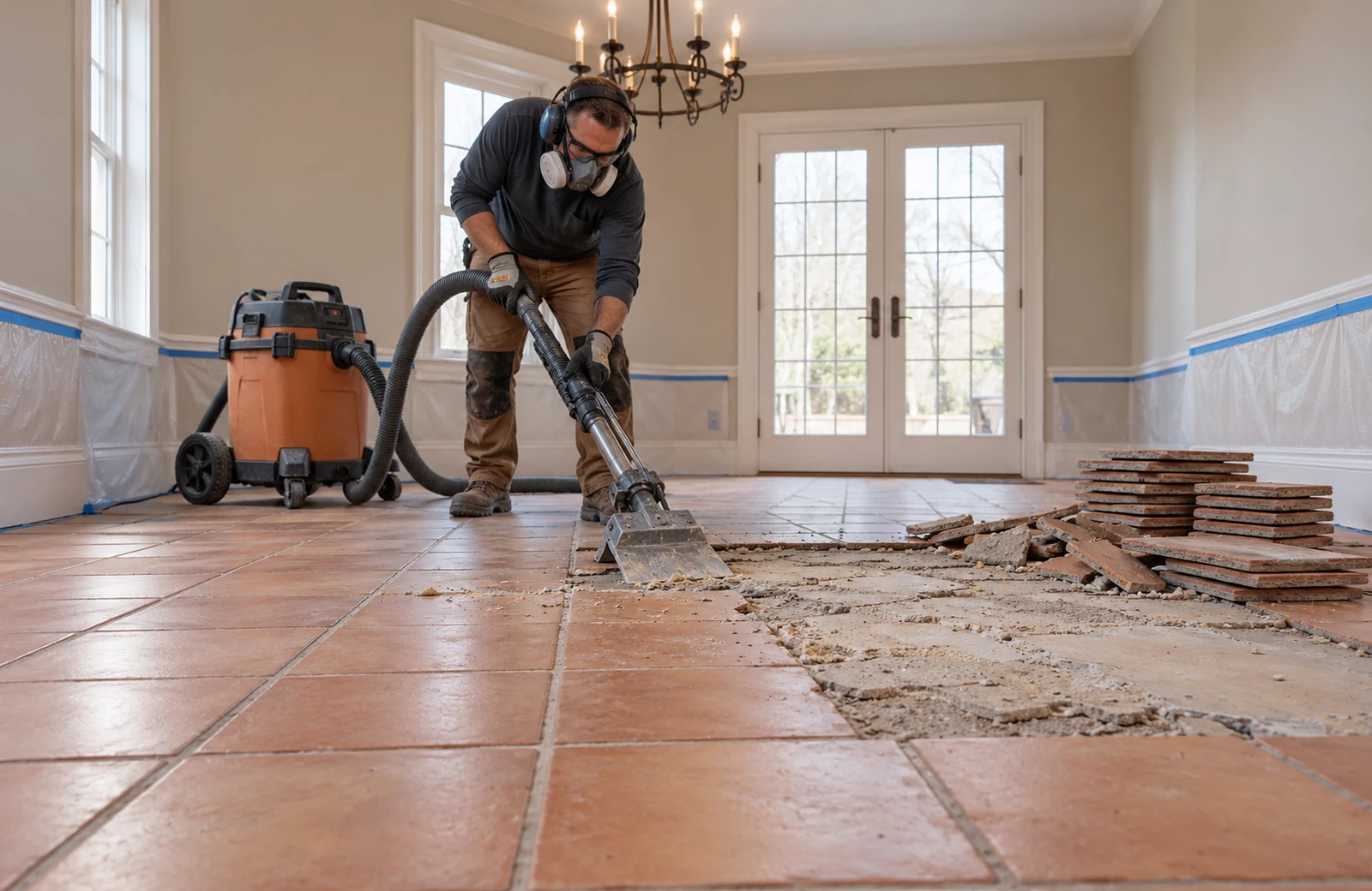 Tile flooring removal with debris contained
