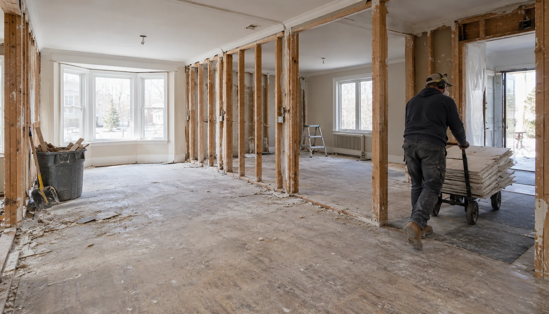Interior strip-out with a protected route for debris