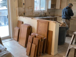 Removed kitchen cabinet doors and units