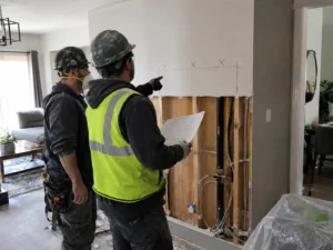 Workers reviewing a marked removal boundary